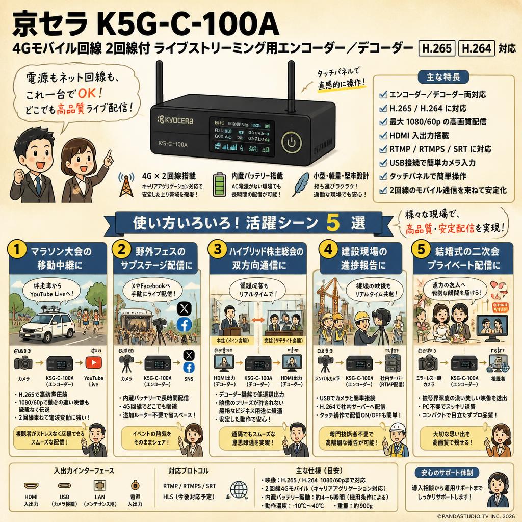 京セラ K5G-C-100A (4Gモバイル回線 2回線付ライブストリーミング用エンコーダー ／デコーダーH.265 H.264対応) 用途
