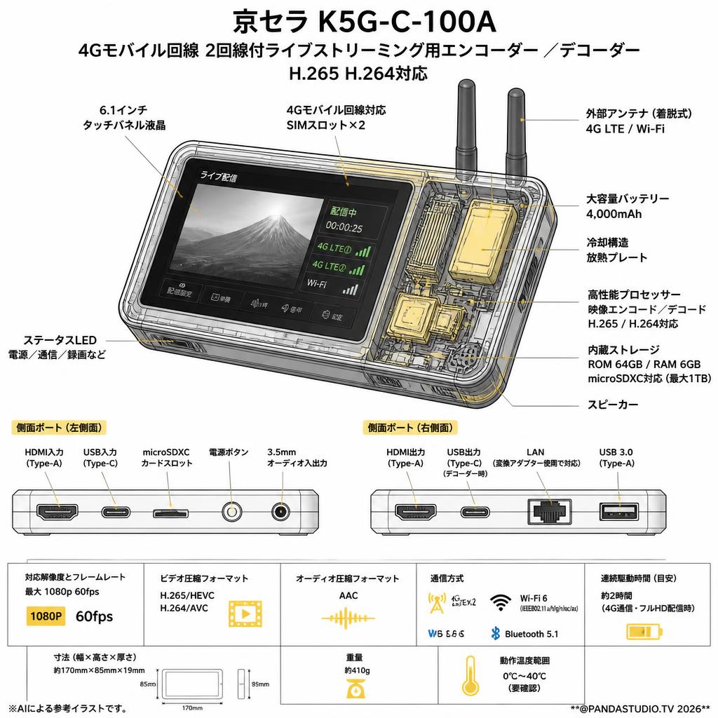 京セラ K5G-C-100A (4Gモバイル回線 2回線付ライブストリーミング用エンコーダー ／デコーダーH.265 H.264対応) スペック