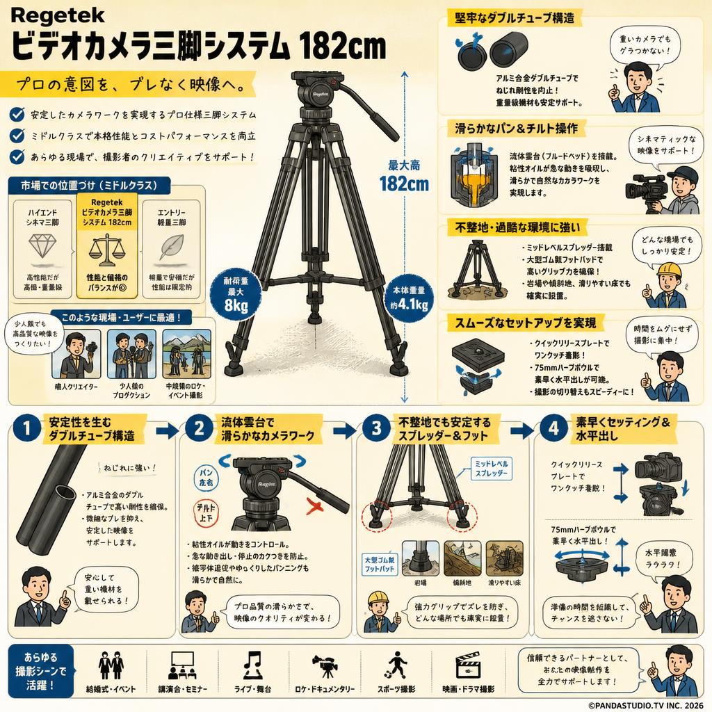 Regetek ビデオカメラ三脚システム 182cm 概要