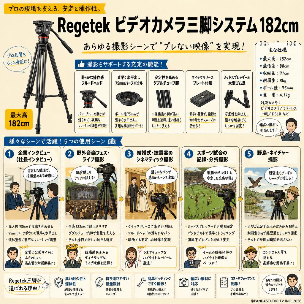 Regetek ビデオカメラ三脚システム 182cm 用途