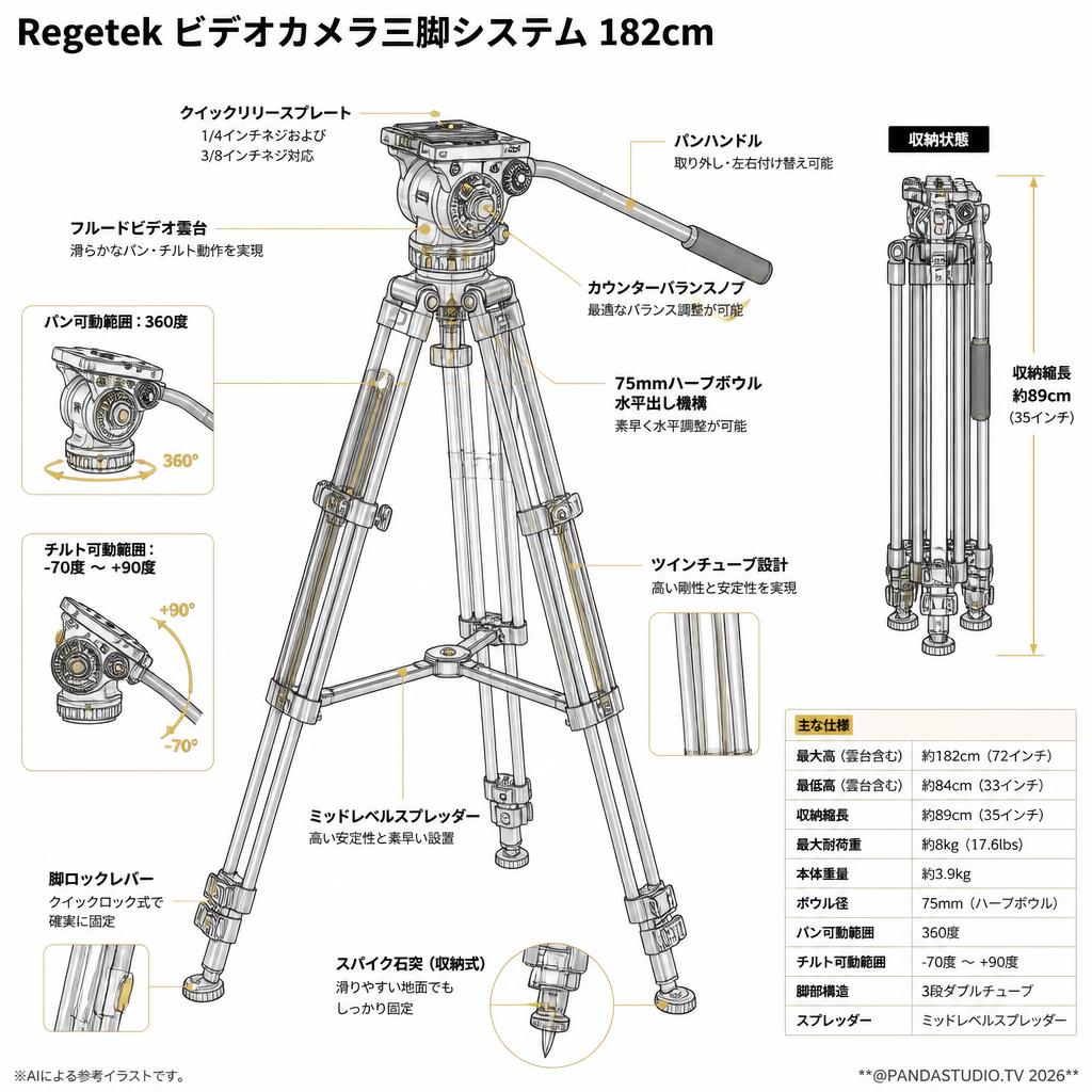 Regetek ビデオカメラ三脚システム 182cm スペック