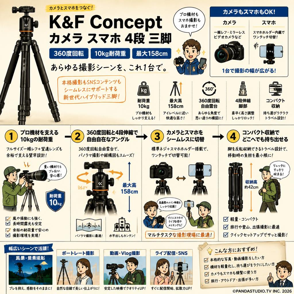 K&F Concept カメラ スマホ 4段 三脚 360度回転 10kg耐荷重予 158cm 概要