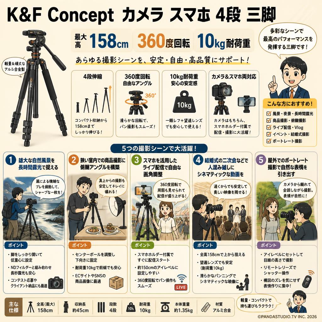 K&F Concept カメラ スマホ 4段 三脚 360度回転 10kg耐荷重予 158cm 用途