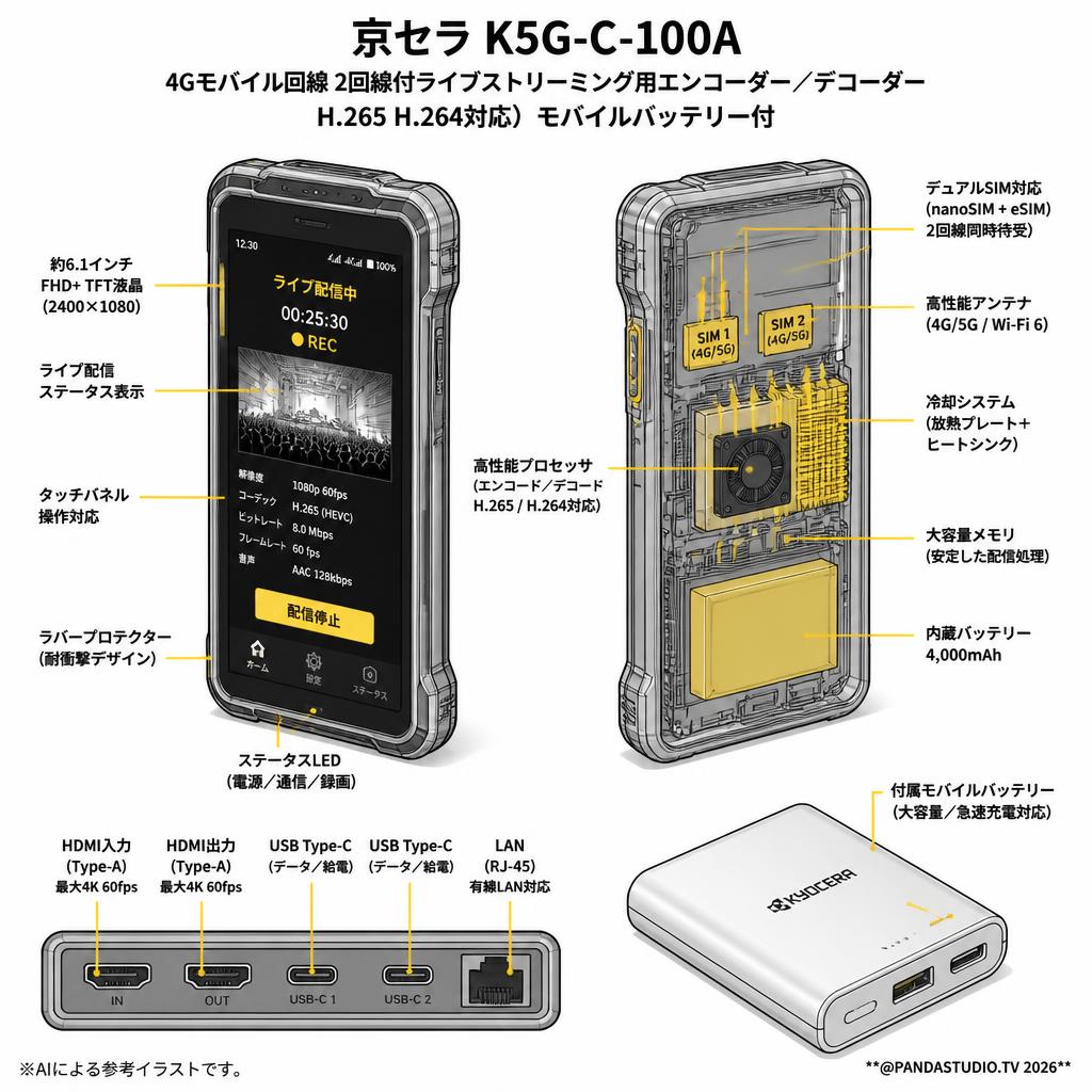 京セラ K5G-C-100A (4Gモバイル回線 2回線付ライブストリーミング用エンコーダー ／デコーダーH.265 H.264対応)モバイルバッテリー付 スペック