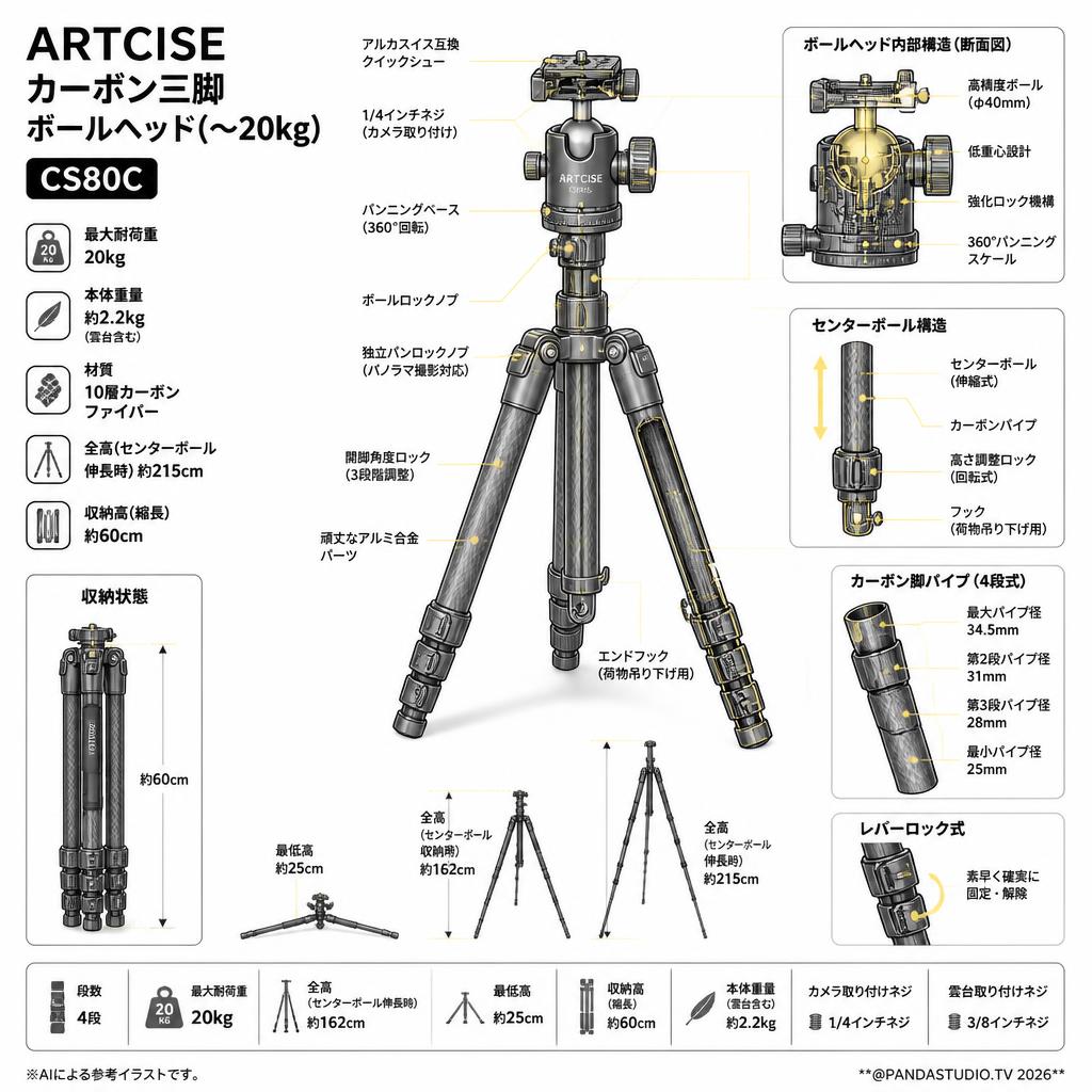 ARTCISE カーボン三脚 ボールヘッド(〜20kg）全高 215cm CS80C