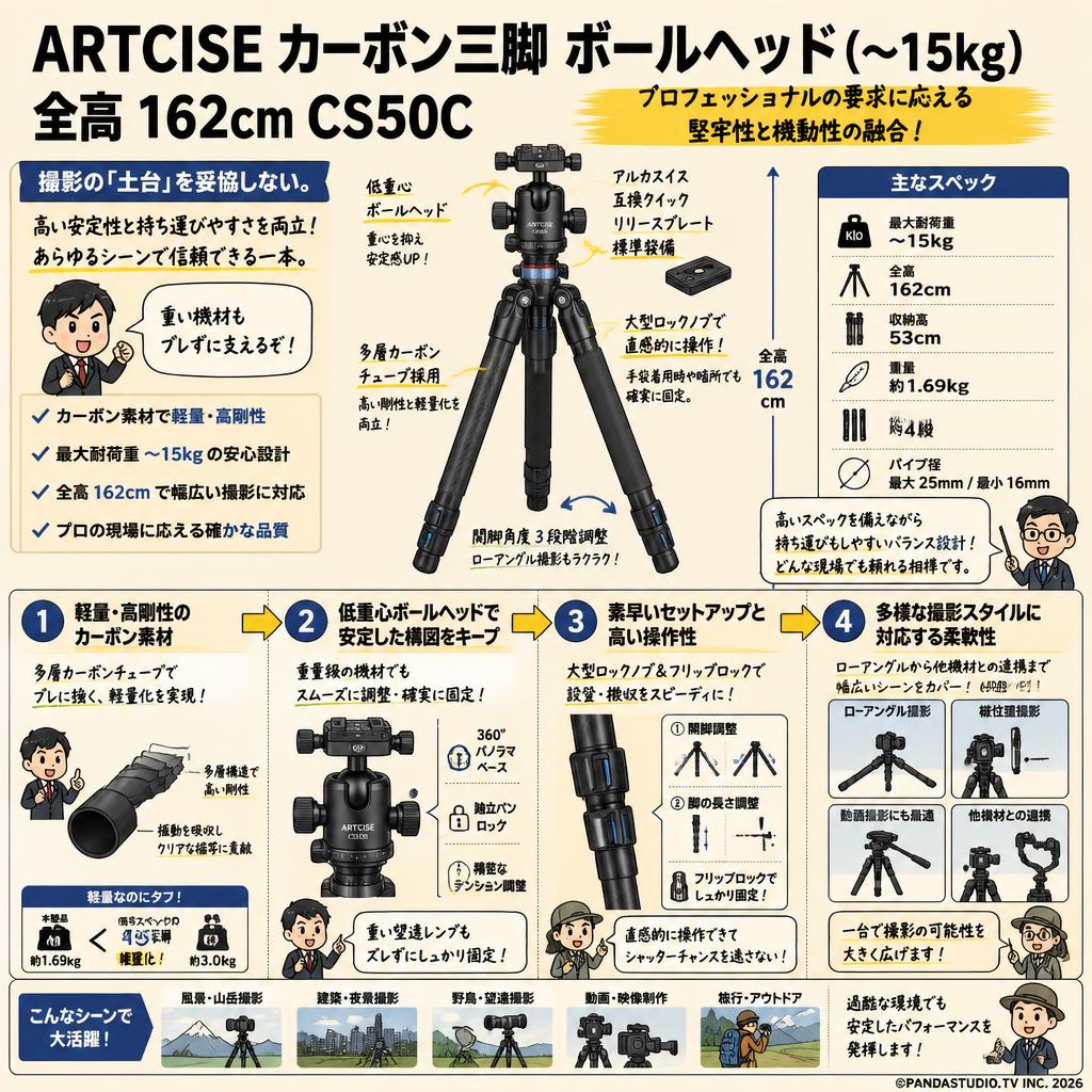 ARTCISE カーボン三脚 ボールヘッド(〜15kg）全高 162cm CS50C 概要