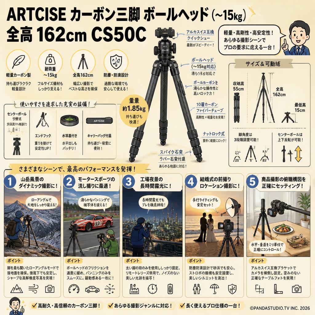 ARTCISE カーボン三脚 ボールヘッド(〜15kg）全高 162cm CS50C 用途