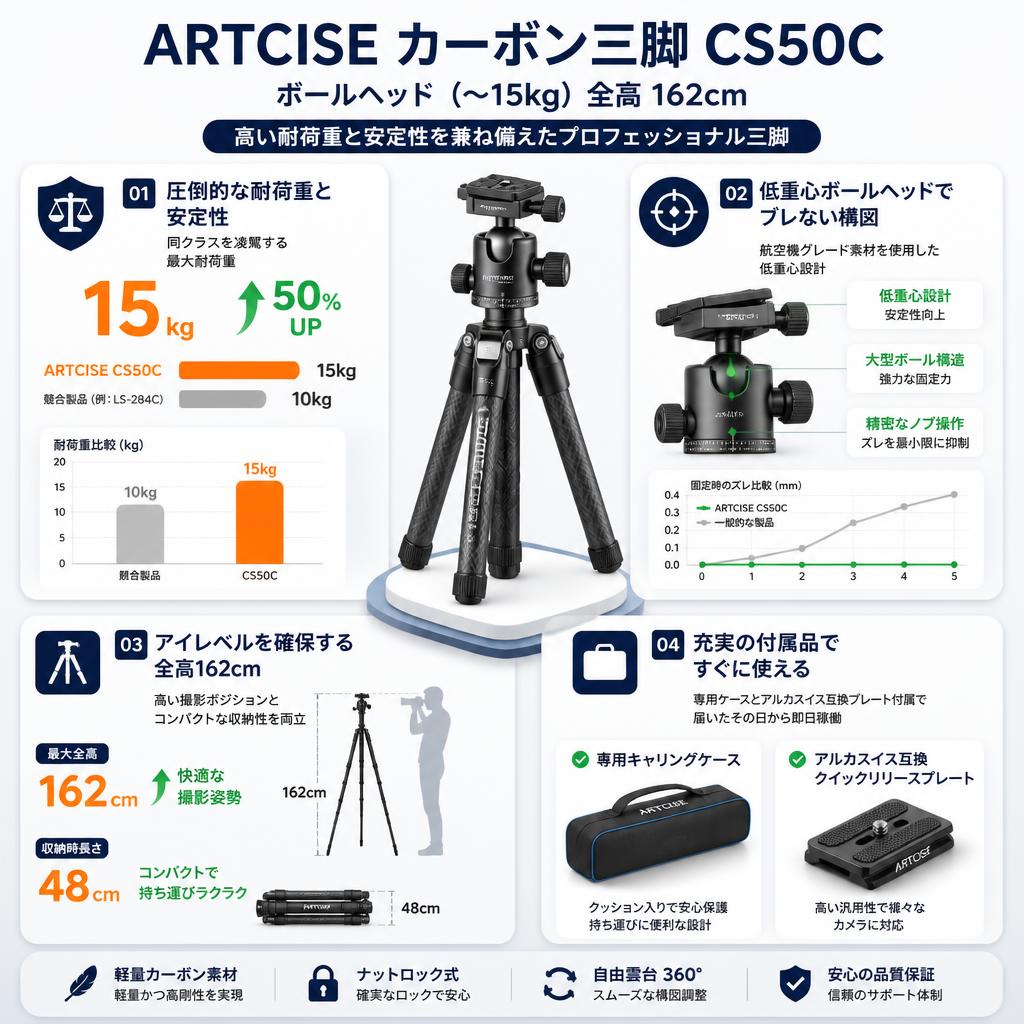 ARTCISE カーボン三脚 ボールヘッド(〜15kg）全高 162cm CS50C セールスポイント