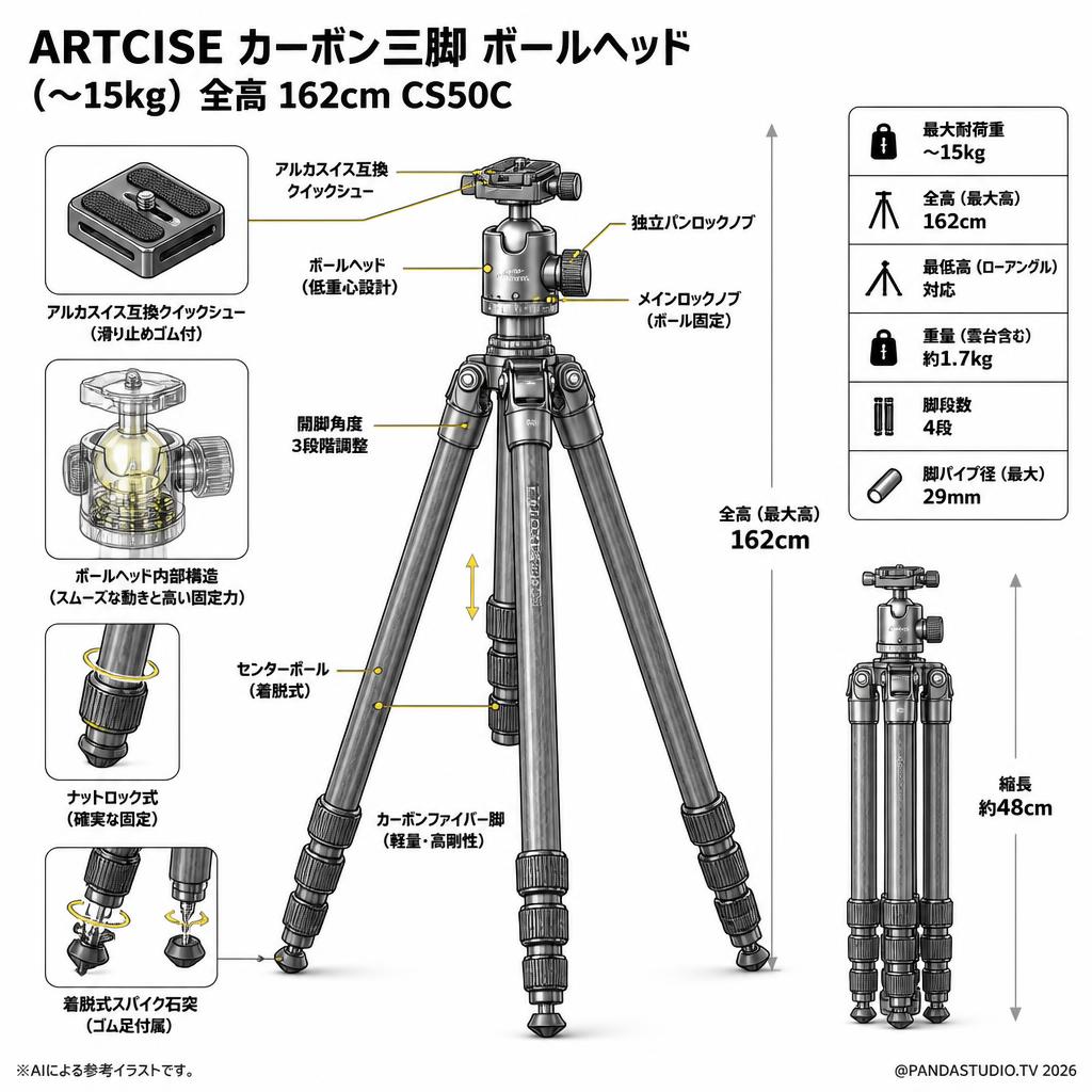 ARTCISE カーボン三脚 ボールヘッド(〜15kg）全高 162cm CS50C スペック