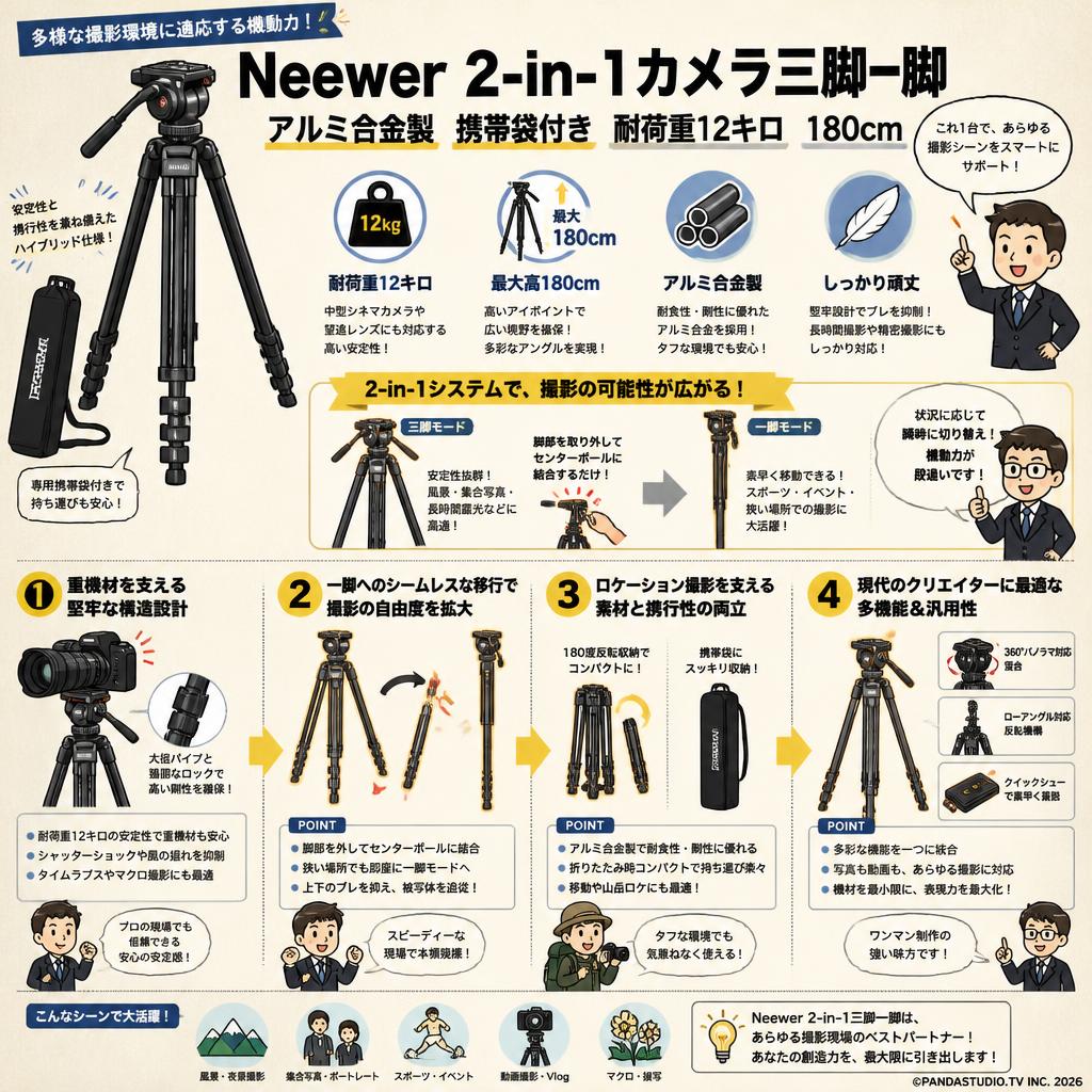 Neewer 2-in-1カメラ三脚一脚 アルミ合金製 携帯袋付き 耐荷重12キロ 180cm 概要