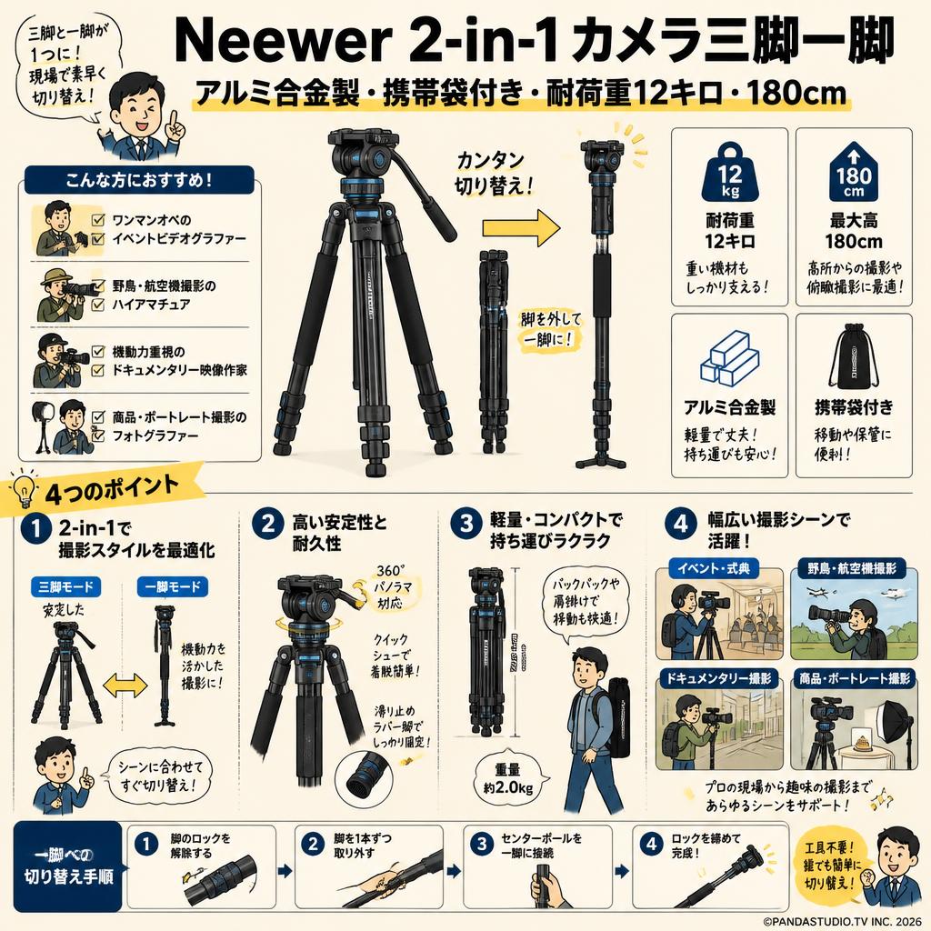 Neewer 2-in-1カメラ三脚一脚 アルミ合金製 携帯袋付き 耐荷重12キロ 180cm おもな対象のお客様