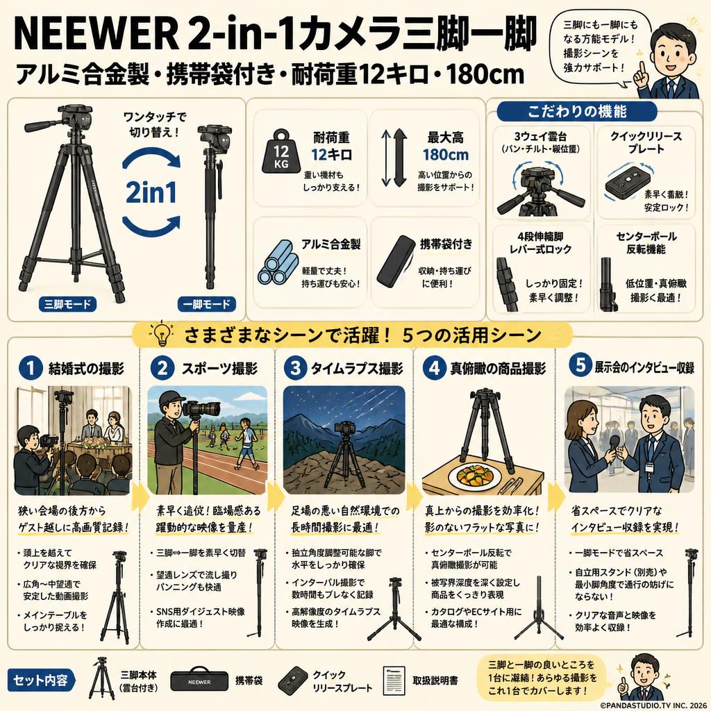 Neewer 2-in-1カメラ三脚一脚 アルミ合金製 携帯袋付き 耐荷重12キロ 180cm 用途