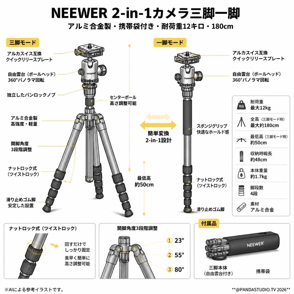 Neewer 2-in-1カメラ三脚一脚 アルミ合金製 携帯袋付き 耐荷重12キロ 180cm スペック
