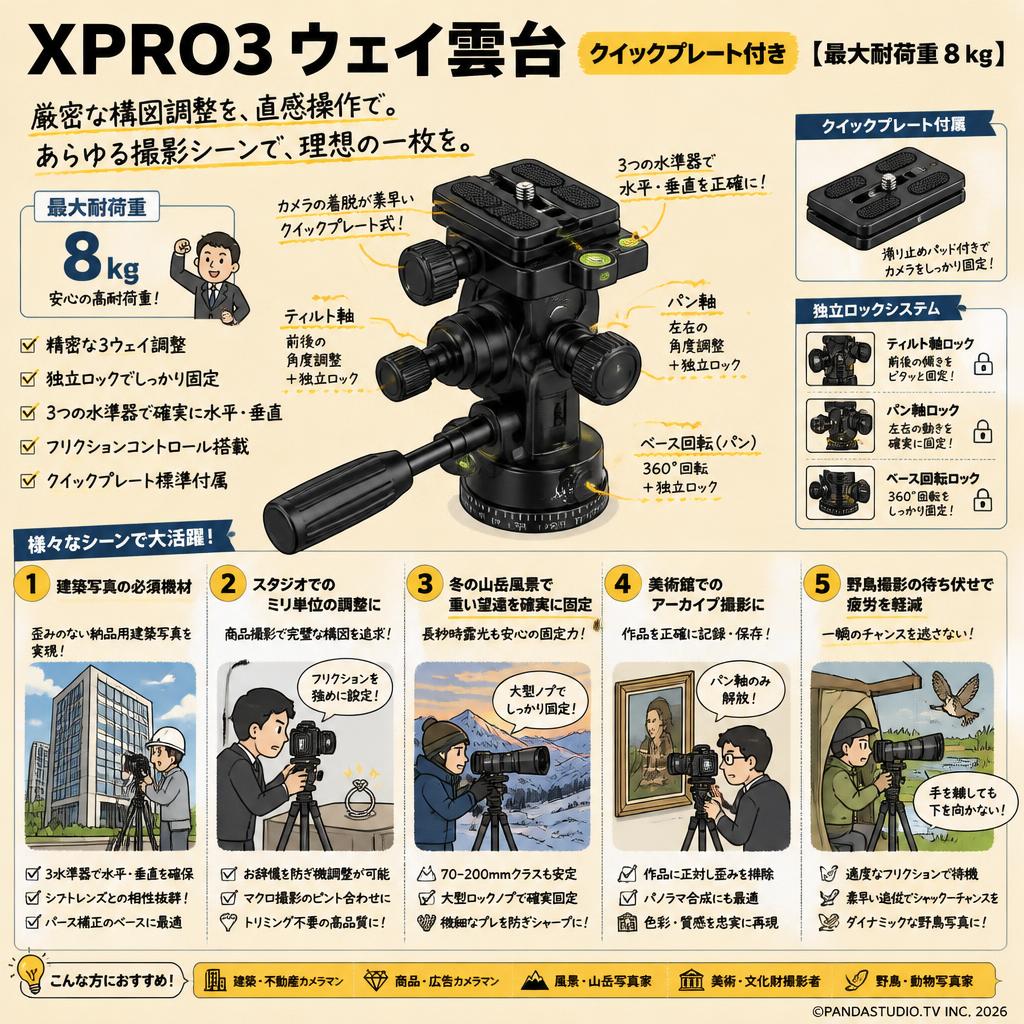 XPRO3 ウェイ雲台 クイックプレート付き【最大耐荷重 8 kg】 用途