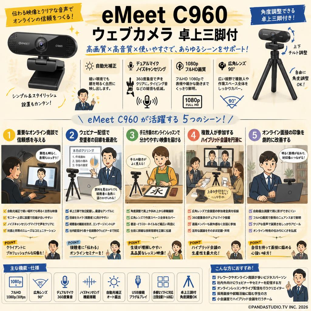 eMeet C960 ウェブカメラ卓上三脚付 用途