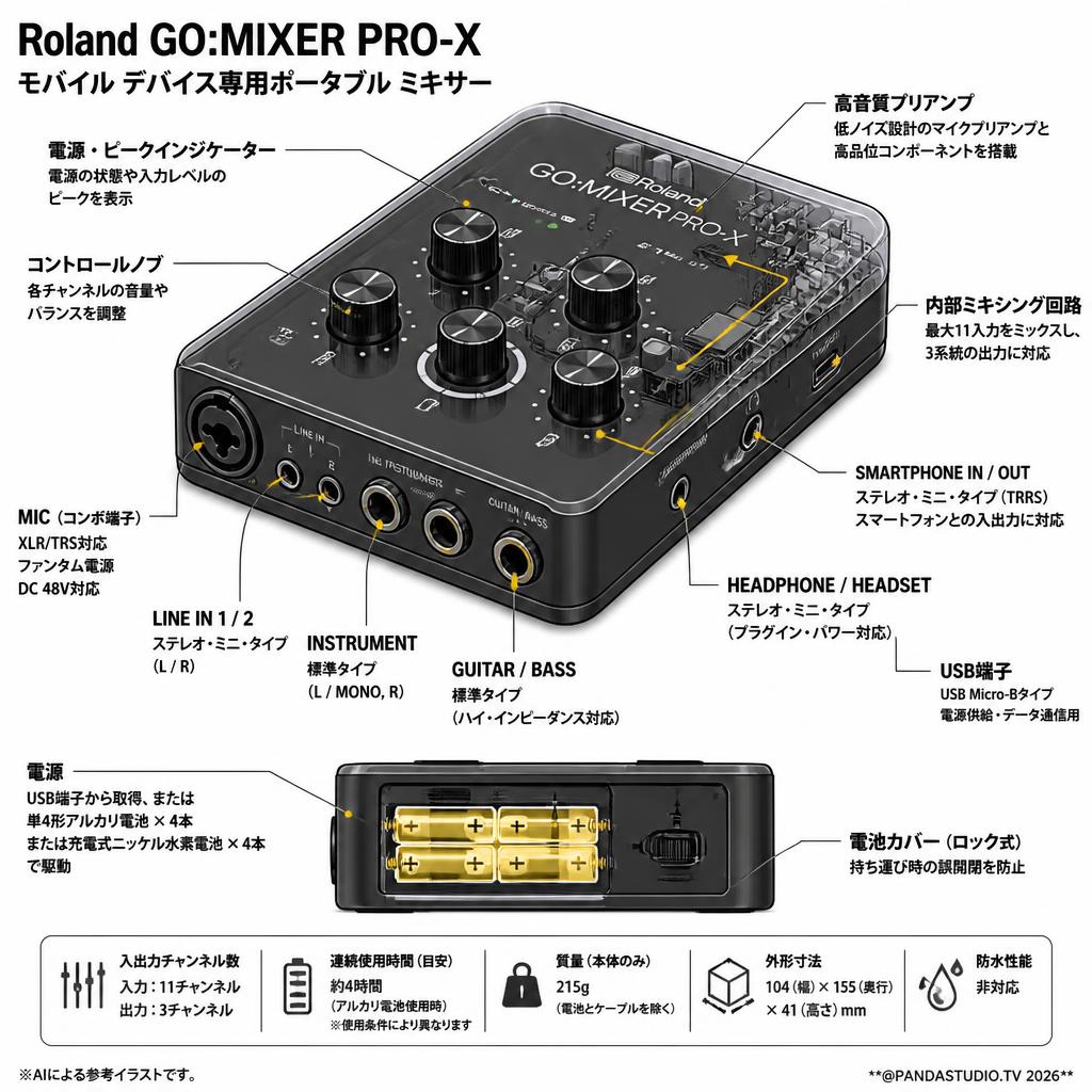 Roland GO:MIXER PRO-X モバイル デバイス専用ポータブル ミキサー スペック
