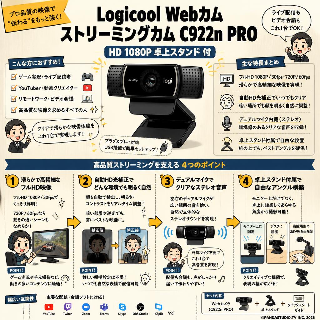 Logicool Webカム ストリーミングカム C922n PRO HD 1080P卓上スタンド 付 概要
