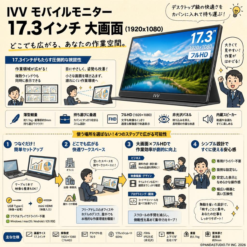 IVV モバイルモニター 17.3インチ 大画面 (1920x1080) 概要