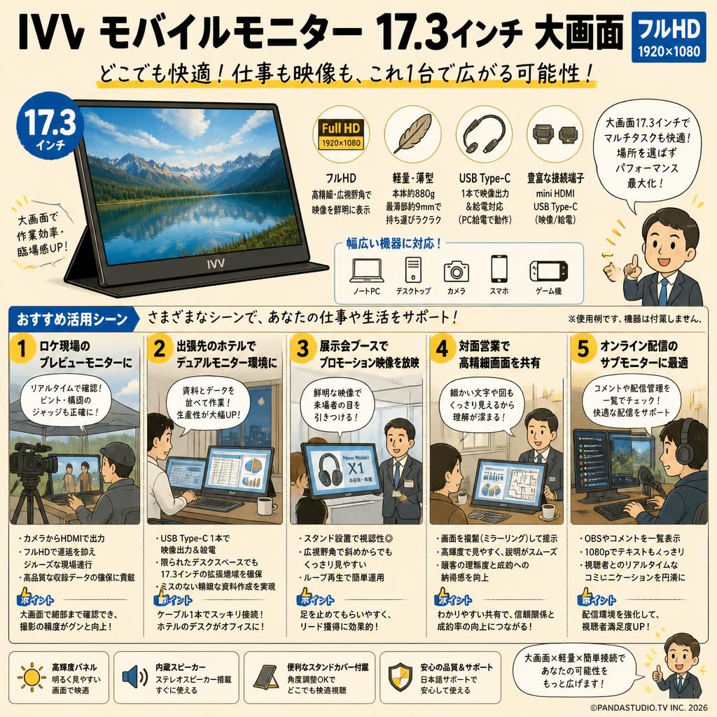 IVV モバイルモニター 17.3インチ 大画面 (1920x1080) 用途