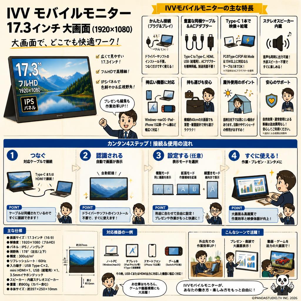 IVV モバイルモニター 17.3インチ 大画面 (1920x1080) FAQ（よくある質問と答え）