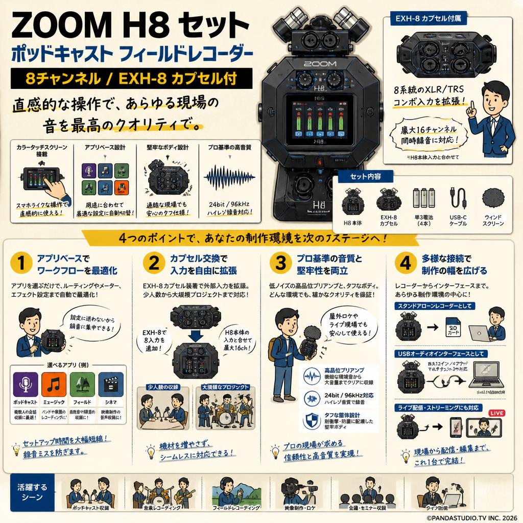 ZOOM H8 セット ポッドキャスト フィールドレコーダー 8チャンネル / EXH-8 カプセル付 概要