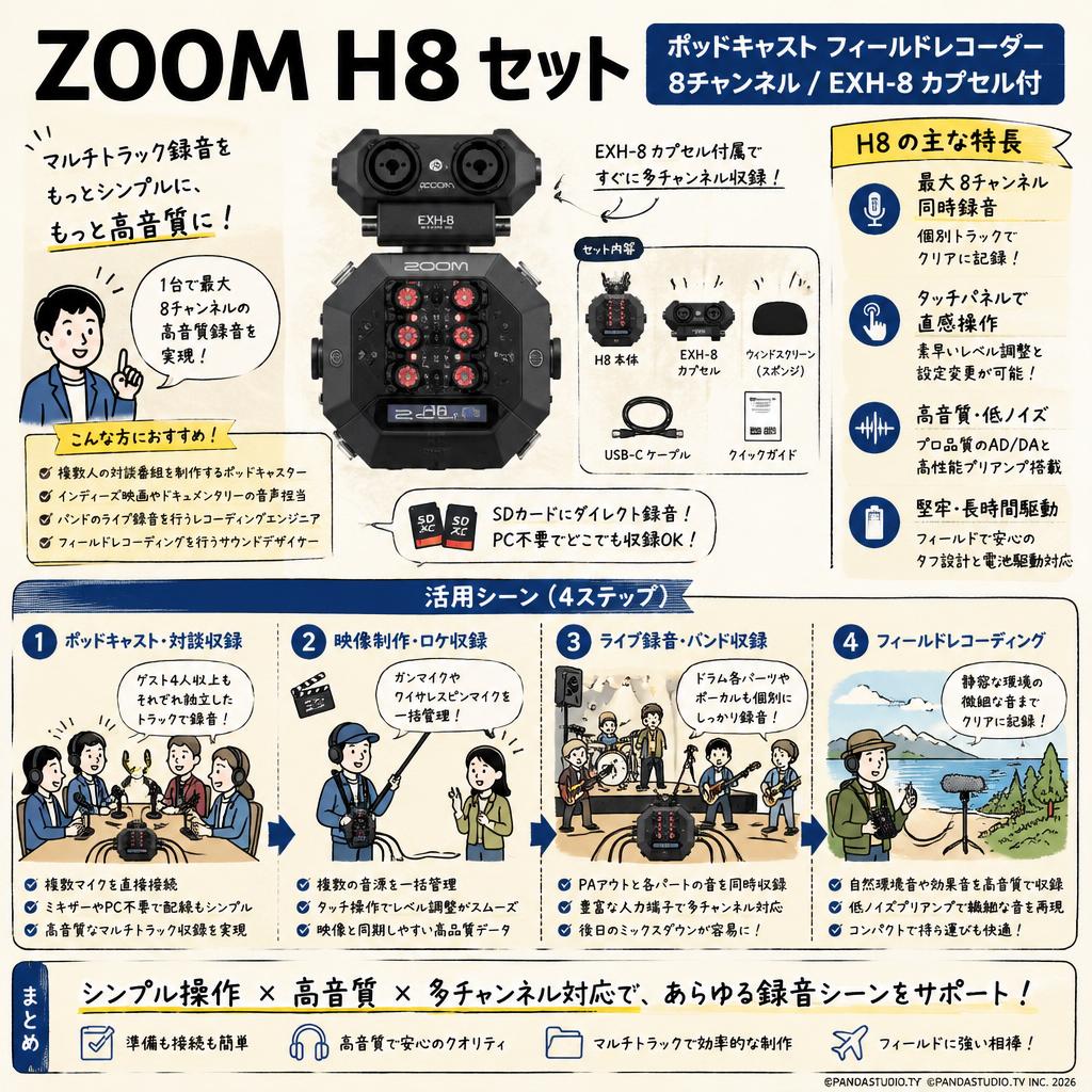 ZOOM H8 セット ポッドキャスト フィールドレコーダー 8チャンネル / EXH-8 カプセル付 おもな対象のお客様