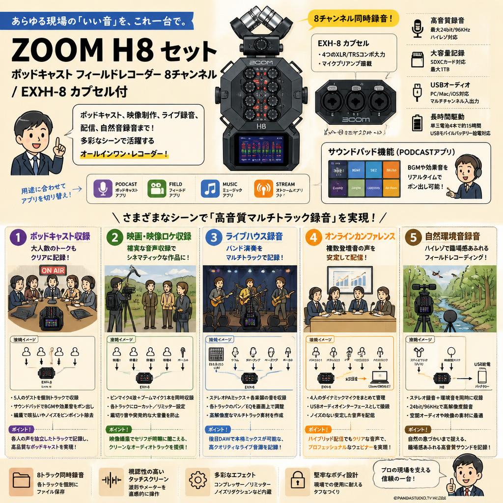 ZOOM H8 セット ポッドキャスト フィールドレコーダー 8チャンネル / EXH-8 カプセル付 用途