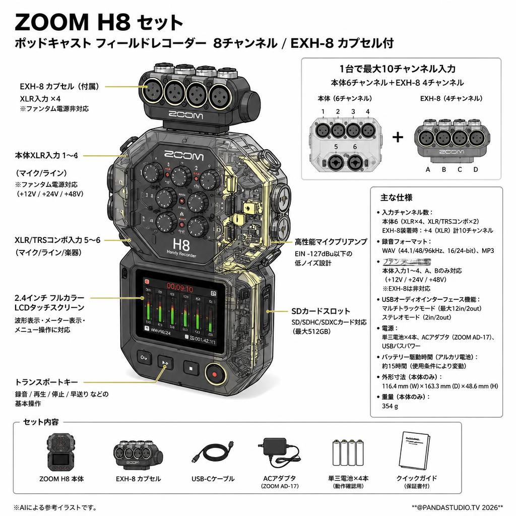 ZOOM H8 セット ポッドキャスト フィールドレコーダー 8チャンネル / EXH-8 カプセル付 スペック