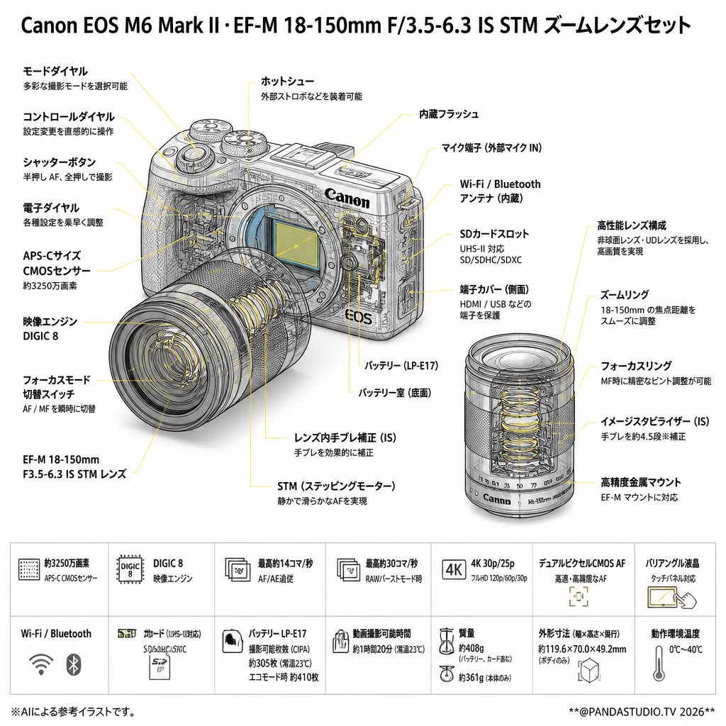 Canon EOS M6 Mark II・EF-M 18-150mm F/3.5-6.3 IS STM ズームレンズセット スペック
