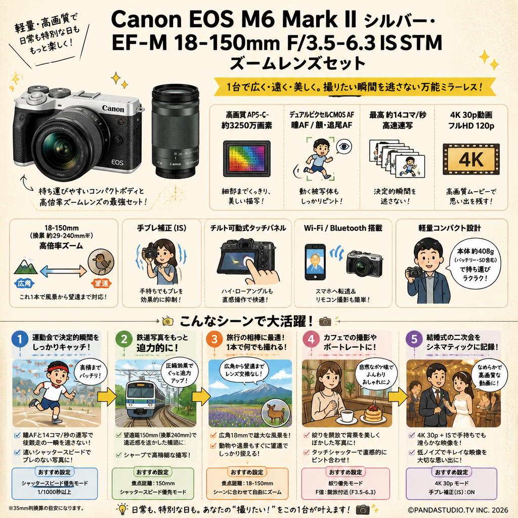 Canon EOS M6 Mark II シルバー・EF-M 18-150mm F/3.5-6.3 IS STM ズームレンズセット 用途