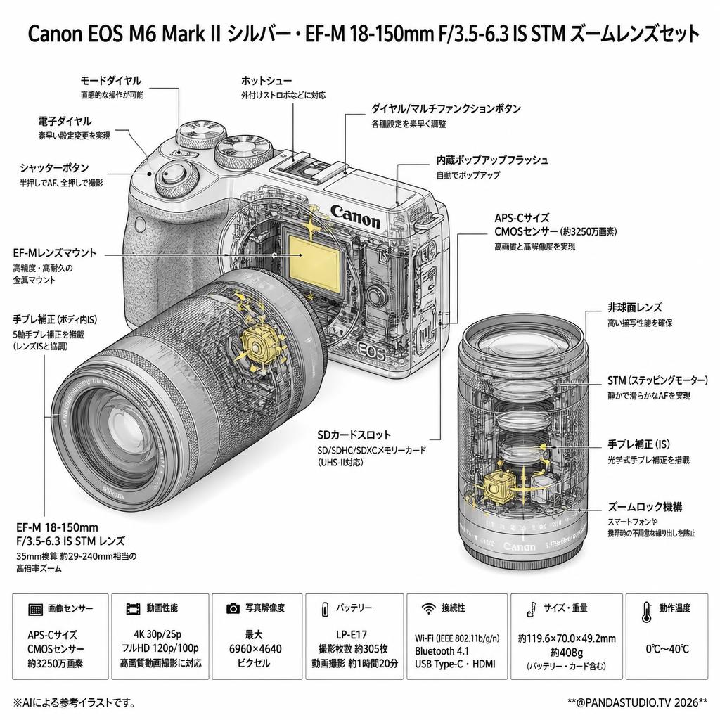Canon EOS M6 Mark II シルバー・EF-M 18-150mm F/3.5-6.3 IS STM ズームレンズセット スペック