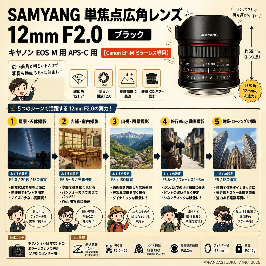 SAMYANG 単焦点広角レンズ 12mm F2.0 ブラック キヤノン EOS M用 APS-C用 【Canon EF-M ミラーレス専用】 用途