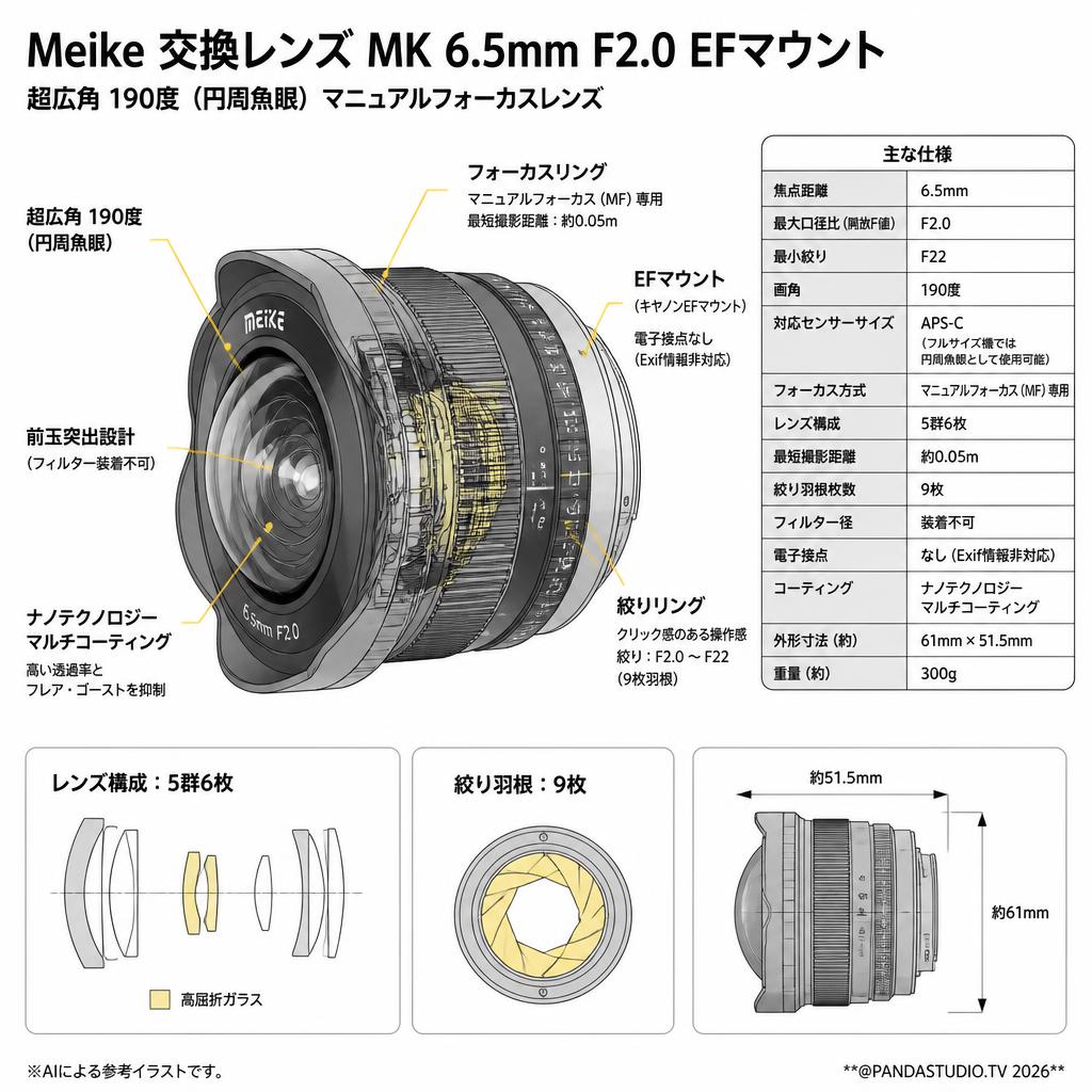 Meike 交換レンズ MK 6.5mm F2.0 EFマウント | パンダスタジオ