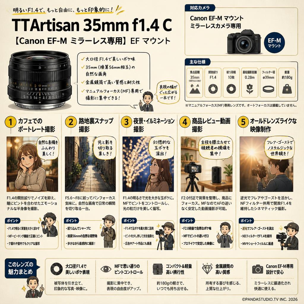 TTArtisan 35mm f1.4 C 【Canon EF-M ミラーレス専用】EF マウント 用途