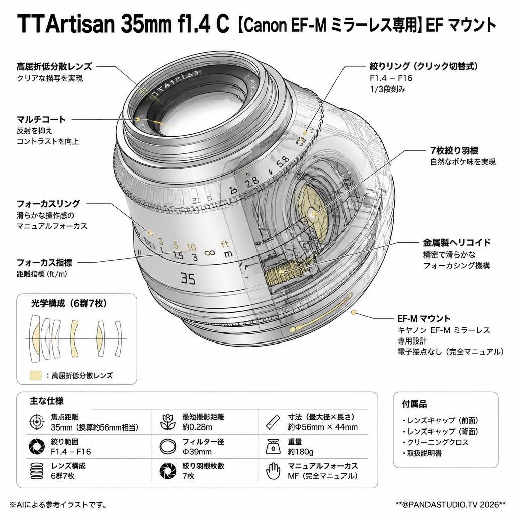 TTArtisan 35mm f1.4 C 【Canon EF-M ミラーレス専用】EF マウント スペック