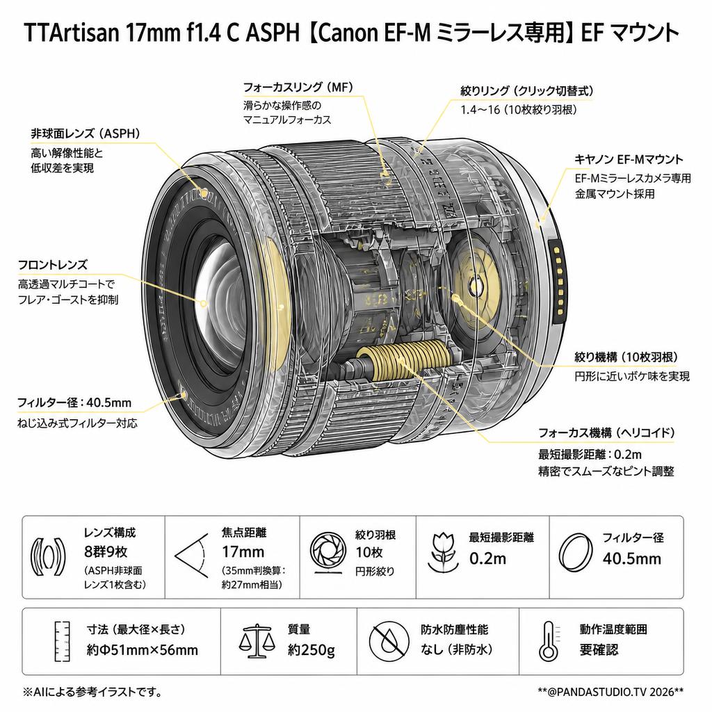 TTArtisan 17mm f1.4 C ASPH 【Canon EF-M ミラーレス専用】EF マウント スペック