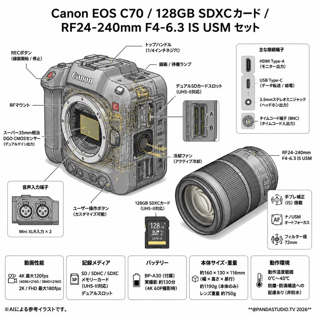 Canon EOS C70 / 128GB SDXCカード / RF24-240mm F4-6.3 IS USM セット スペック