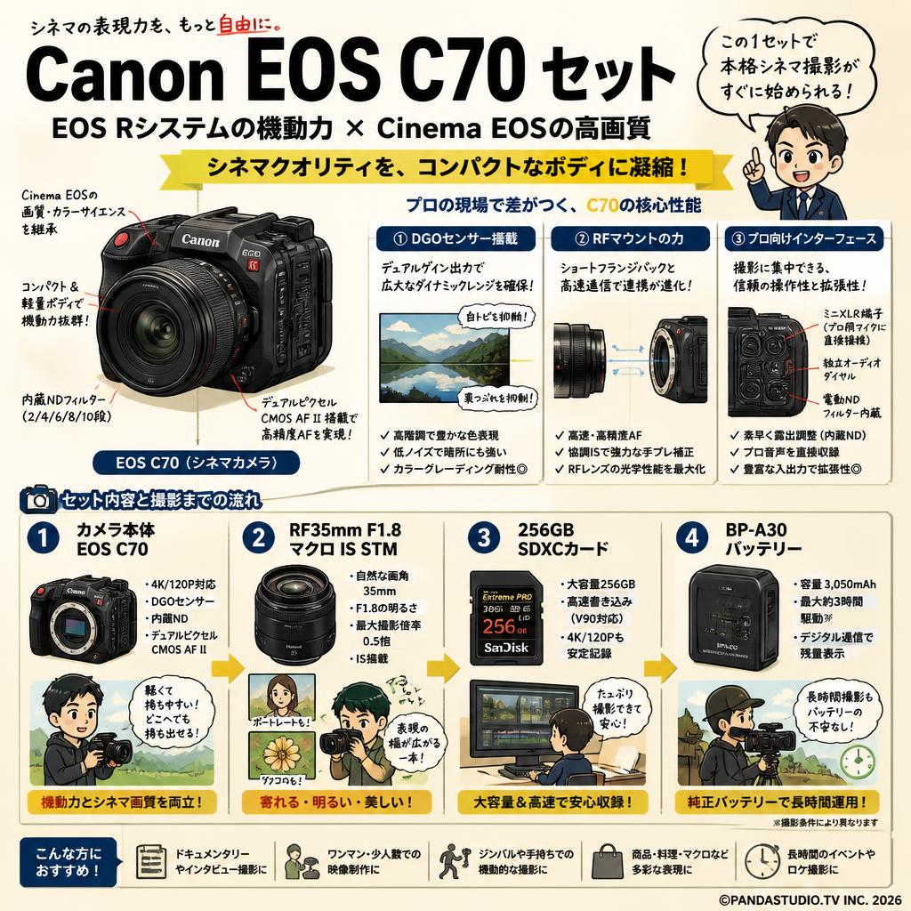 Canon EOS C70 / RF35mm F1.8 マクロ IS STM / 256GB SDXCカード / BP-A30 バッテリー セット 概要