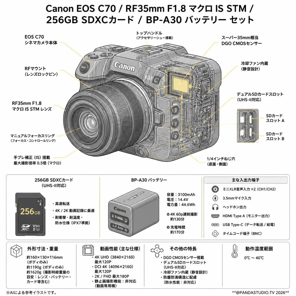 Canon EOS C70 / RF35mm F1.8 マクロ IS STM / 256GB SDXCカード / BP-A30 バッテリー セット スペック
