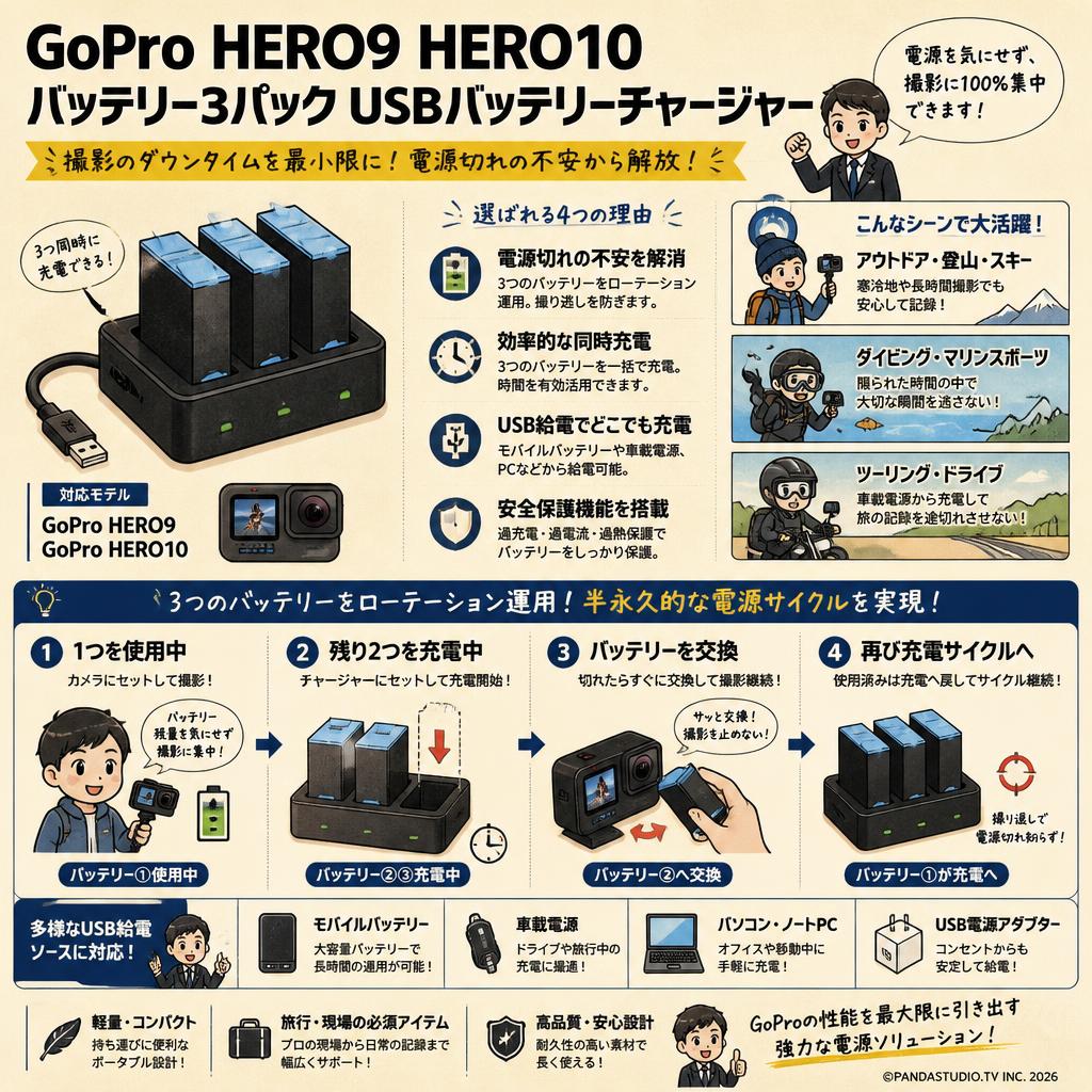 GoPro HERO9 HERO10 バッテリー3パック USBバッテリーチャージャー 概要