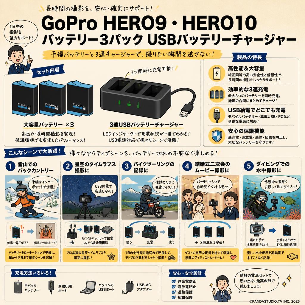 GoPro HERO9 HERO10 バッテリー3パック USBバッテリーチャージャー 用途