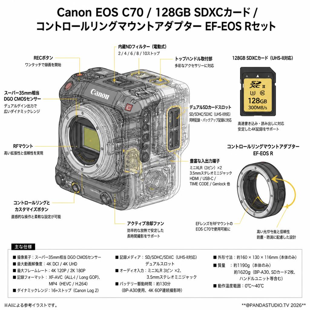 Canon EOS C70 / 128GB SDXCカード / コントロールリングマウントアダプター EF-EOS Rセット スペック