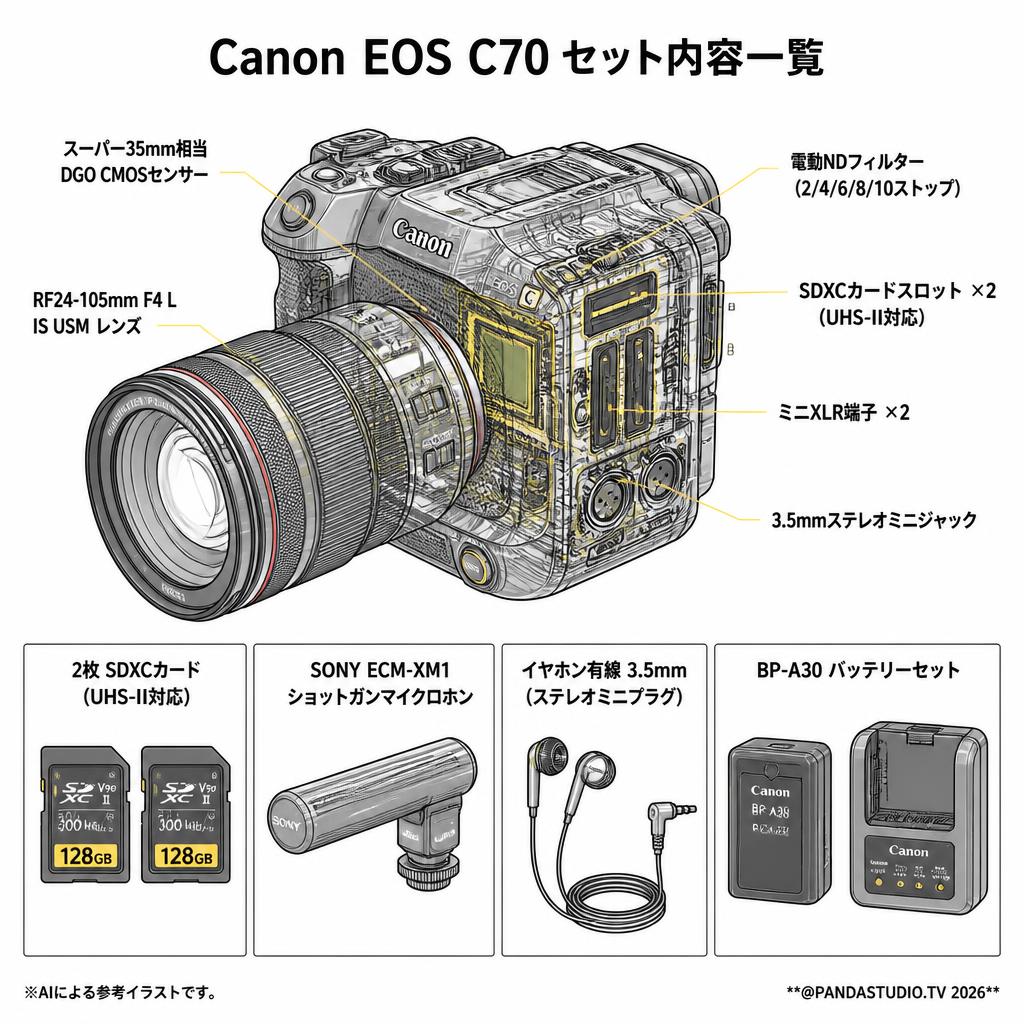 Canon EOS C70 / RF24-105mm F4 L IS USM / 2枚 SDXCカード / SONY ECM-XM1 / イヤホン有線 3.5mm / BP-A30バッテリーセット スペック