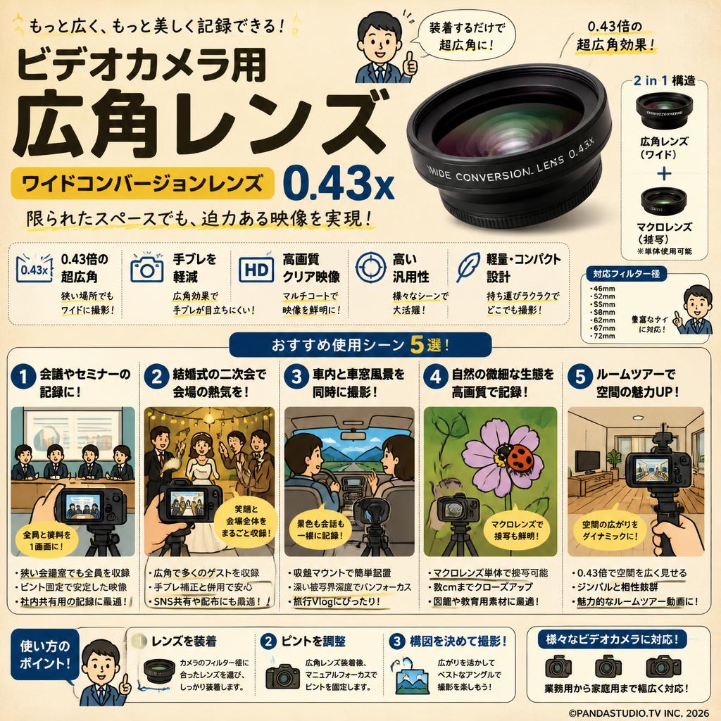 ビデオカメラ用 広角レンズ ワイドコンバージョンレンズ 0.43x 用途