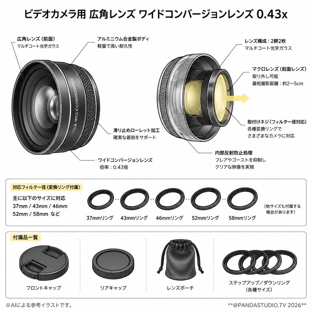 ビデオカメラ用 広角レンズ ワイドコンバージョンレンズ 0.43x スペック