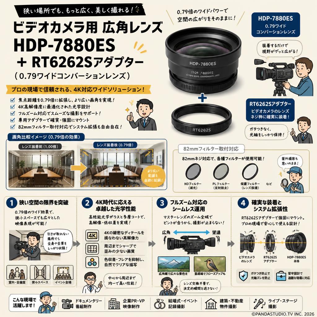 ビデオカメラ用 広角レンズ  HDP-7880ES  ＋ RT6262Sアダプタ－(0.79ワイドコンバーションレンズ) 概要