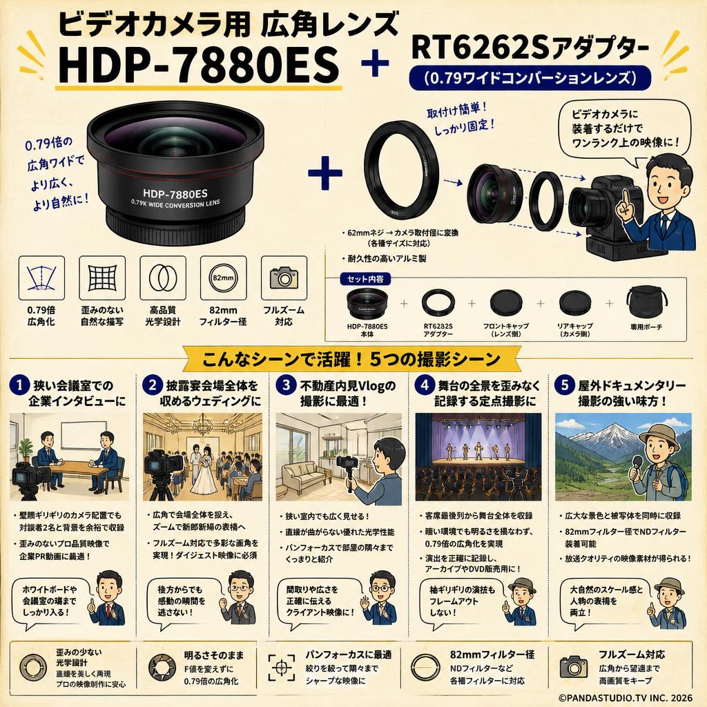 ビデオカメラ用 広角レンズ  HDP-7880ES  ＋ RT6262Sアダプタ－(0.79ワイドコンバーションレンズ) 用途