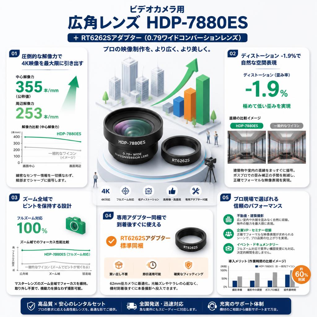 ビデオカメラ用 広角レンズ  HDP-7880ES  ＋ RT6262Sアダプタ－(0.79ワイドコンバーションレンズ) セールスポイント