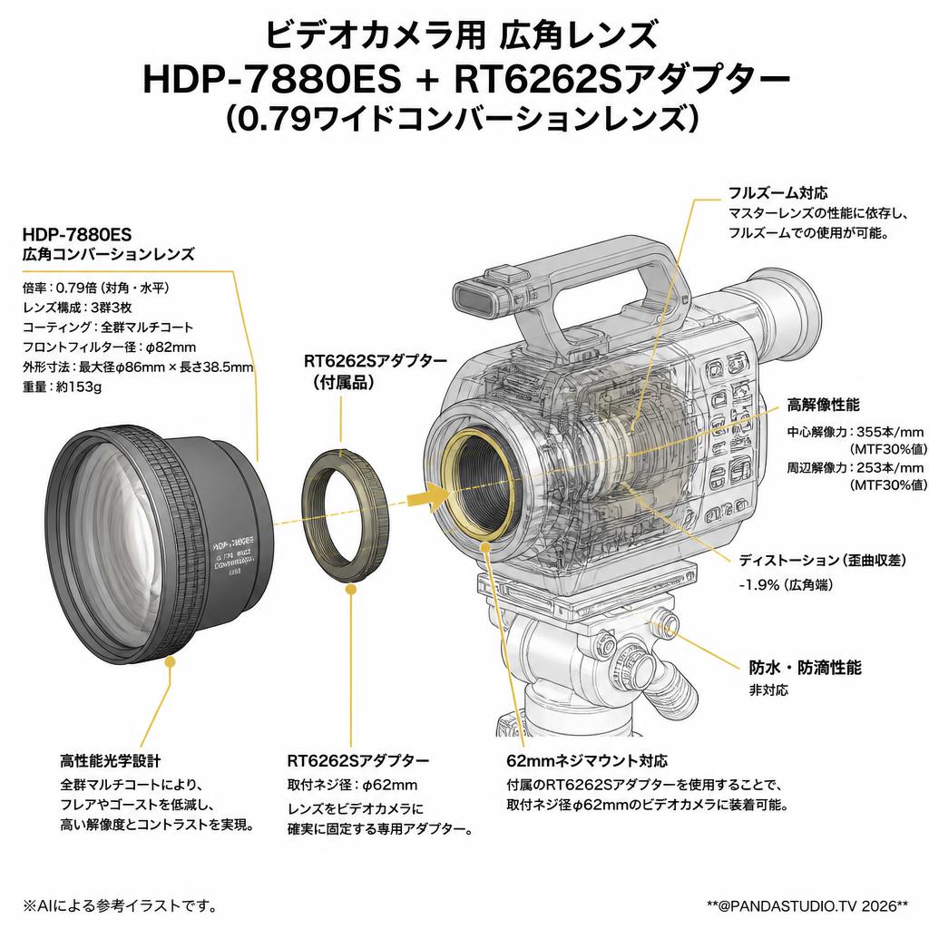 ビデオカメラ用 広角レンズ  HDP-7880ES  ＋ RT6262Sアダプタ－(0.79ワイドコンバーションレンズ) スペック