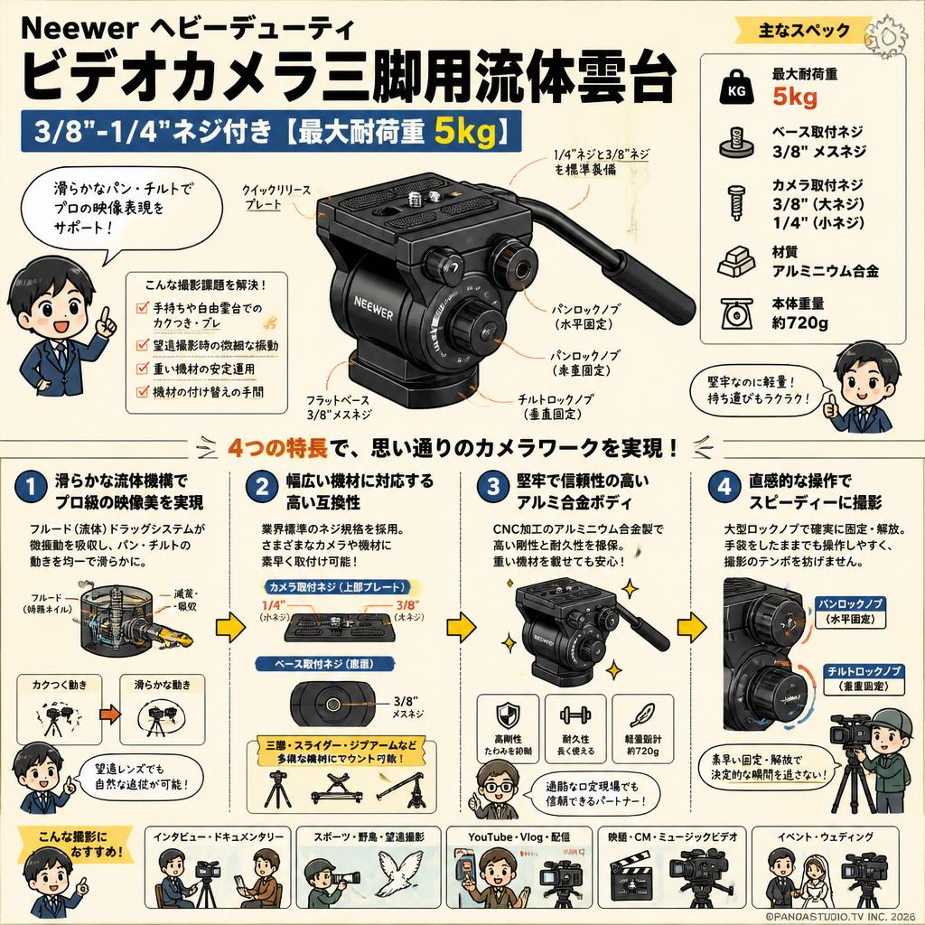 Neewer ヘビーデューティビデオカメラ三脚用流体雲台 3/8"-1/4"ネジ付き【最大耐荷重 5 kg】 概要